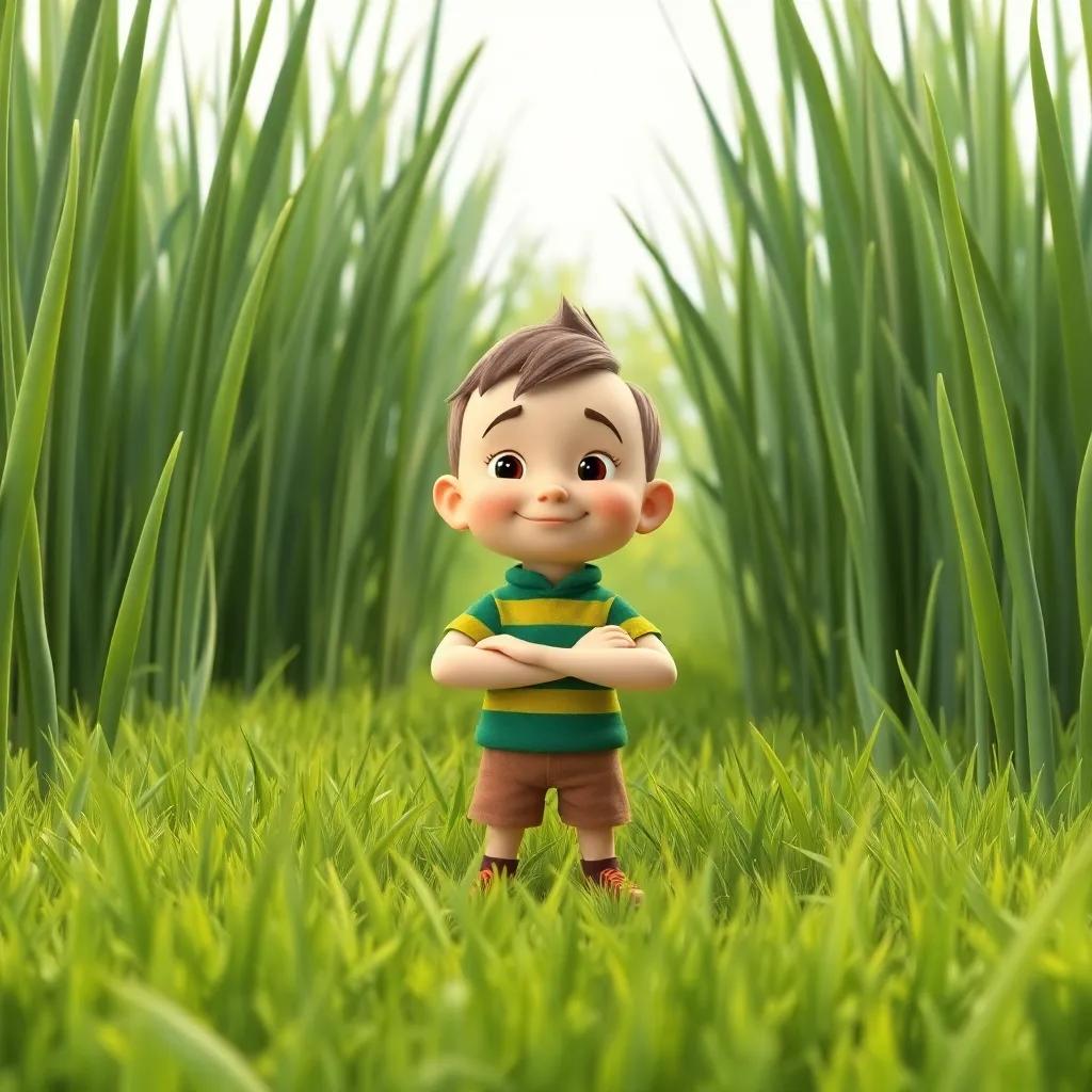 A tiny boy named Tom Thumb, standing confidently in a lush green field, surrounded by tall grass that reaches him high, digital art, bright colors, cheerful atmosphere, high quality