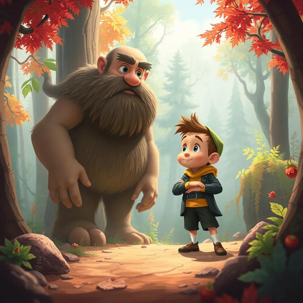 Tom Thumb outsmarting a giant in a forest, the giant looking confused while Tom stands bravely, digital painting, warm colors, whimsical setting, highly detailed
