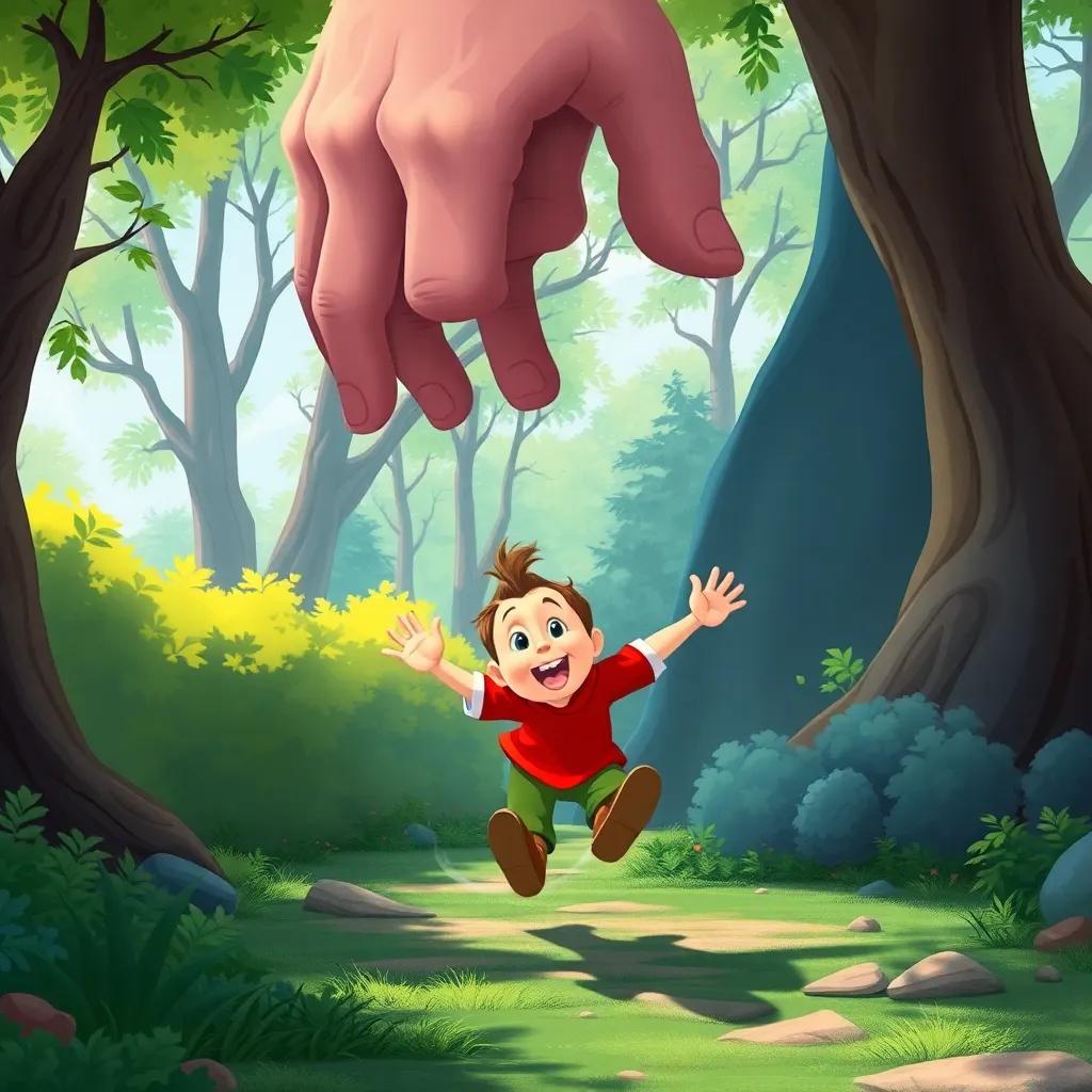 Tom Thumb running away from a giant, darting through trees and bushes, the giant's hand swiping down to catch him, colorful illustration, vibrant and dynamic, storytelling view, HD quality