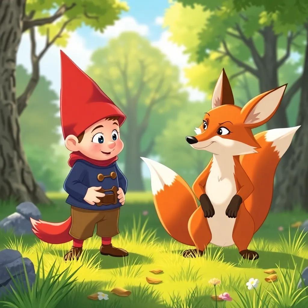 Tom Thumb meeting a sly fox in a sunny clearing, the fox looking cunning while Tom has a determined expression, illustration, cheerful and playful, storybook quality