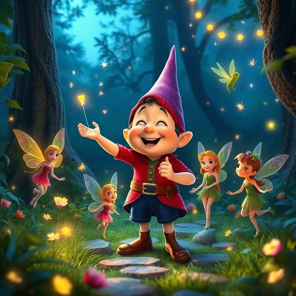 Tom Thumb celebrating with fairies in a magical glade, the fairies smiling and dancing around him, sparkles in the air, digital art, glowing colors, enchanting scene, high quality