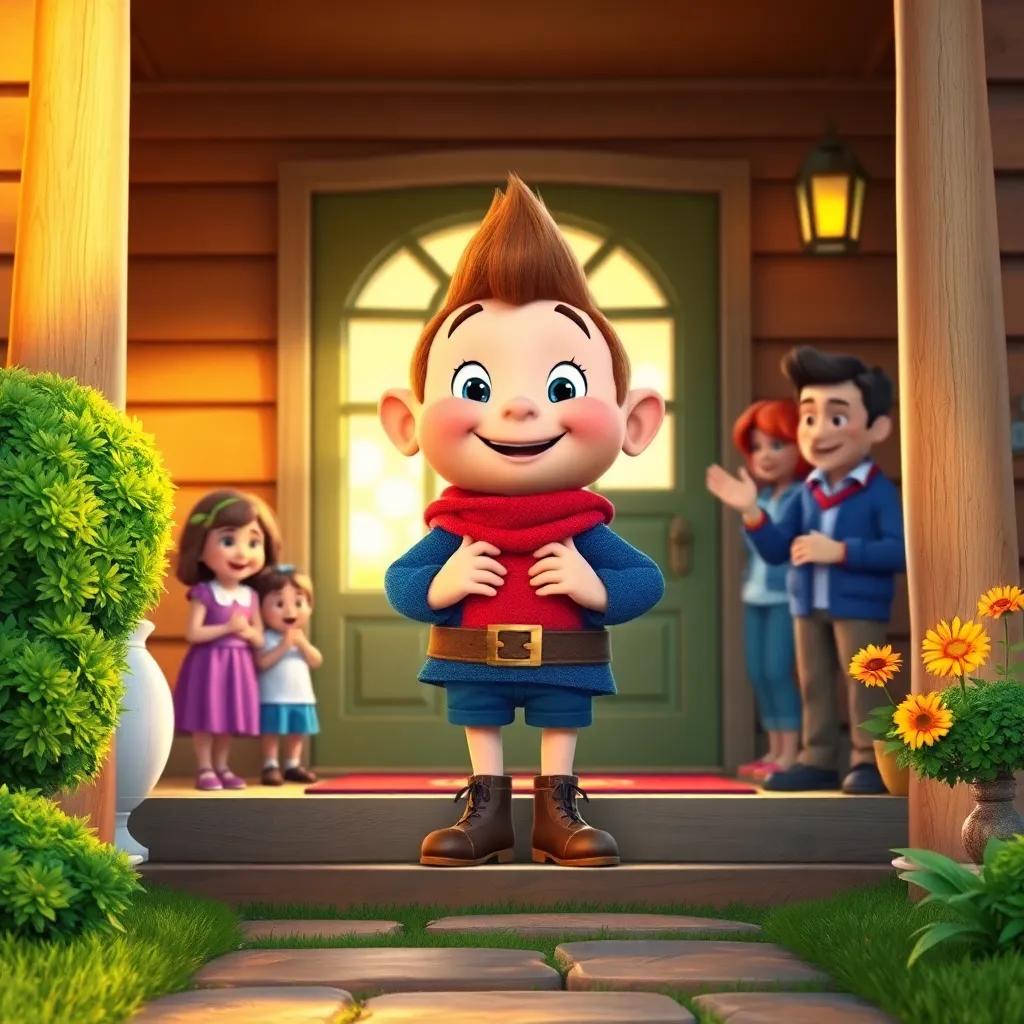 Tom Thumb returning home, standing proudly at his doorstep with a smile, his family cheering in the background, vibrant colors, heartwarming atmosphere, storytelling view, highly detailed