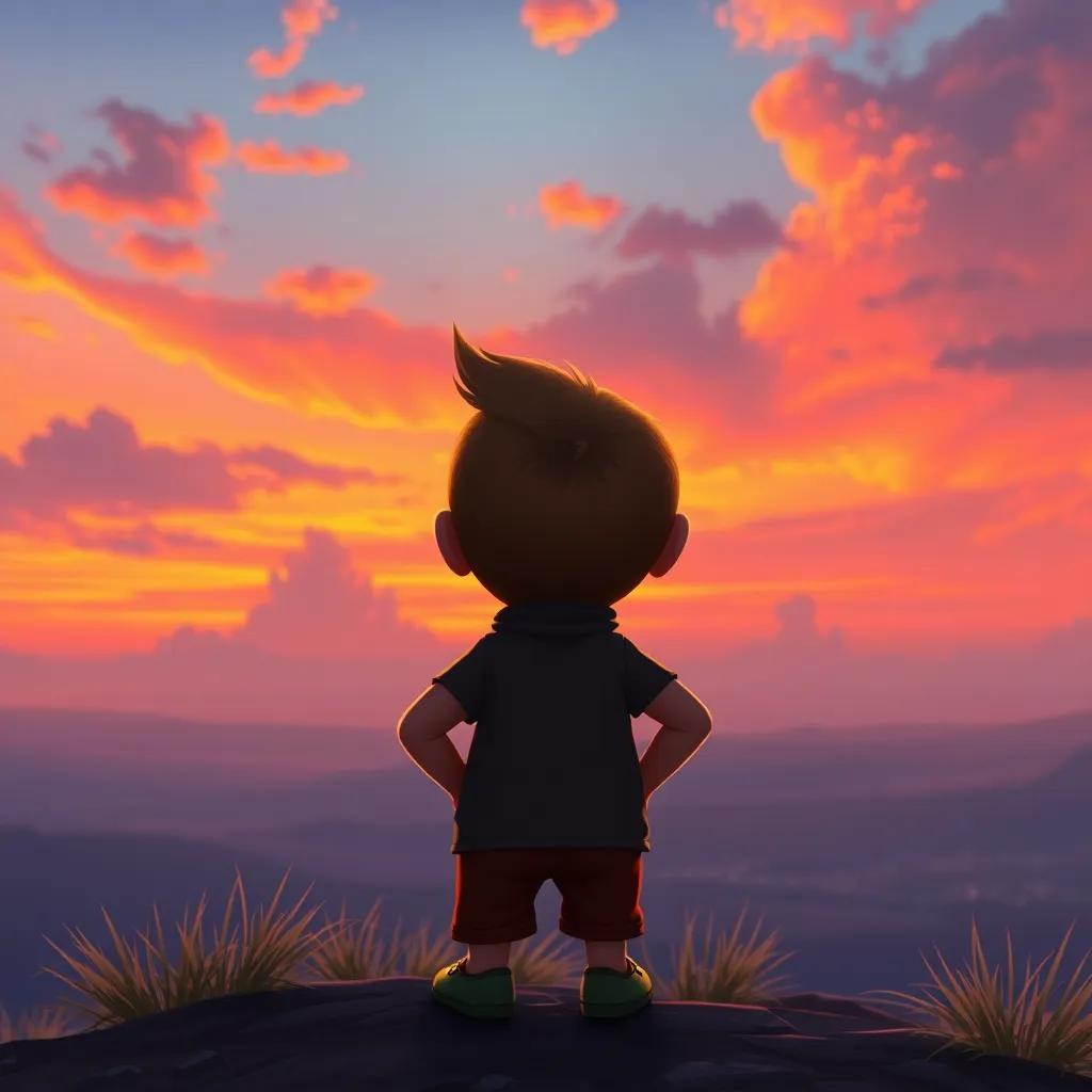 Tom Thumb looking out towards the horizon, with his hands on his hips, full of dreams, a sunset painting the sky in hues of orange and purple, digital painting, inspirational scene, high quality