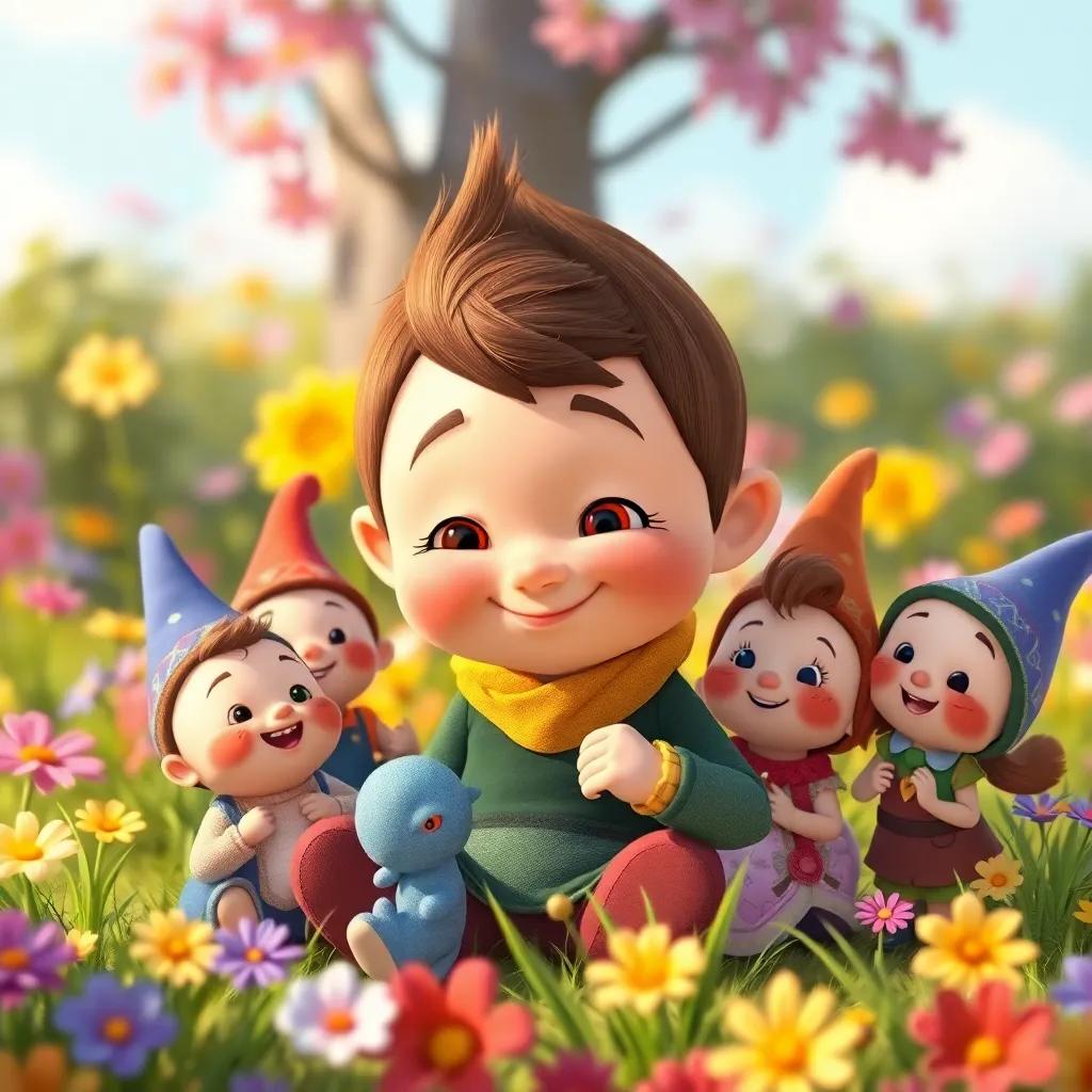 Tom Thumb surrounded by little friends, each appreciating their unique traits, a joyful gathering in a colorful meadow, illustration, friendly atmosphere, bright colors,Cinematic quality