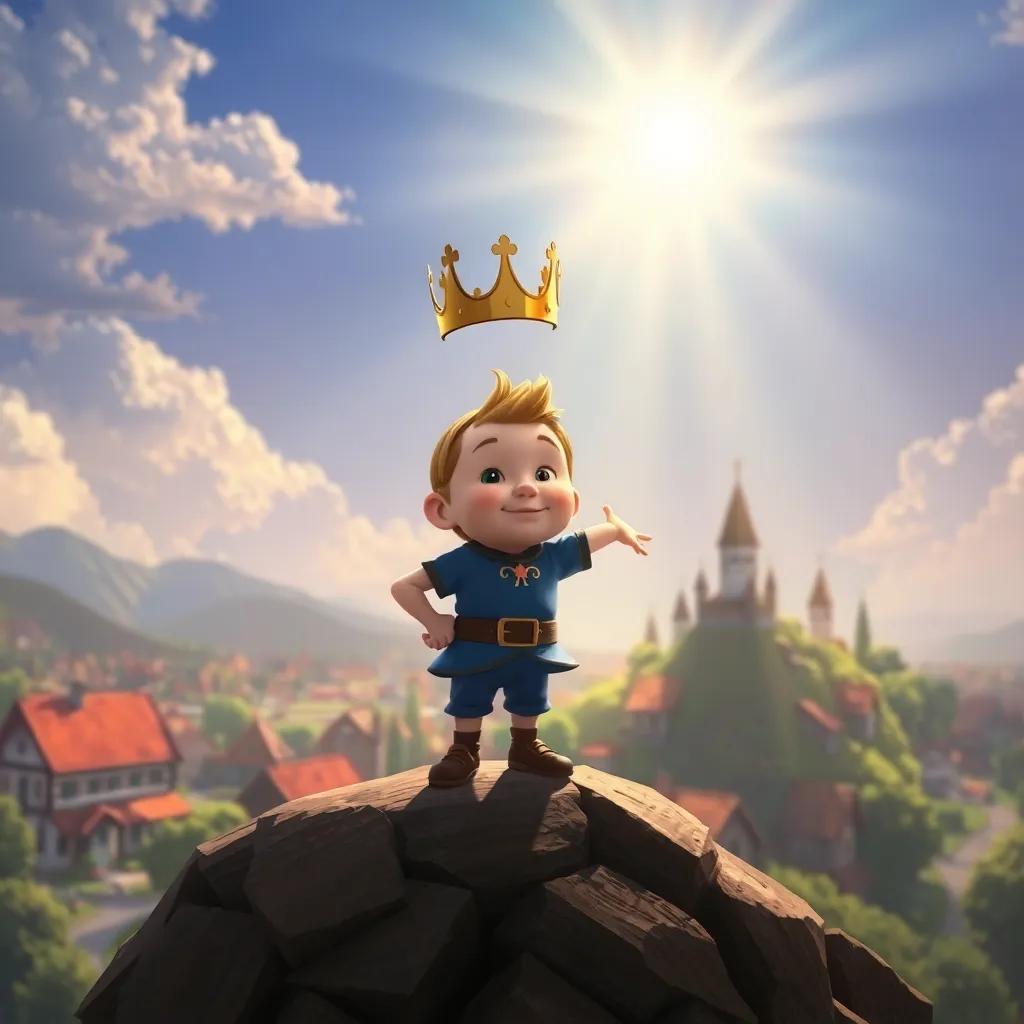 Tom Thumb with a crown, standing atop a hill, looking down at the village with pride, sunlight shining down on him, digital art, majestic colors, uplifting scene, high quality