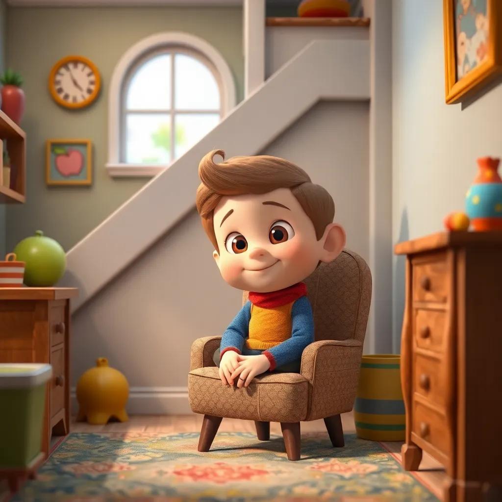 Tom Thumb, a tiny boy with bright eyes, no bigger than a thumb, sitting on a cozy chair under the stairs in a small, warm room, colorful decor, cheerful atmosphere, digital art, charming, high quality