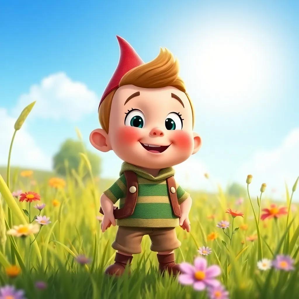 Tom Thumb, a tiny boy with an adventurous spirit, standing in a sunny meadow ready for adventure, surrounded by tall grass and wildflowers, full of life, illustration, vibrant colors, joyful scene, high quality