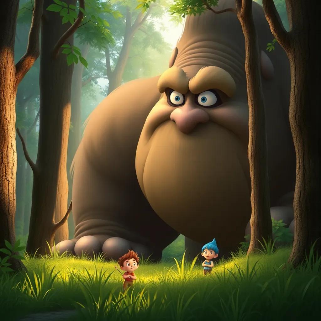 A giant lumbering through the forest with a surprised expression, as Tom Thumb, a tiny boy, hides in the grass, looking clever and brave, detailed scene, whimsical style, light coming through trees, high quality