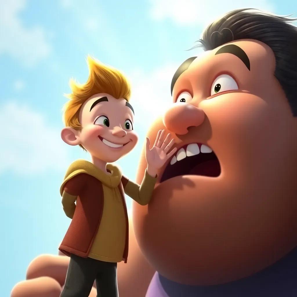 Tom Thumb, with a confident smile, tickling a surprised giant using his small hands, sunlight illuminating their faces, offering a humorous touch, bright and cheerful, digital painting, fantasy style, high quality