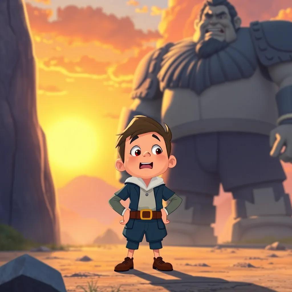 Tom Thumb, standing boldly in front of a giant, speaking with courage and determination, set against a sunset backdrop, warm colors, heroic atmosphere, illustration, high quality