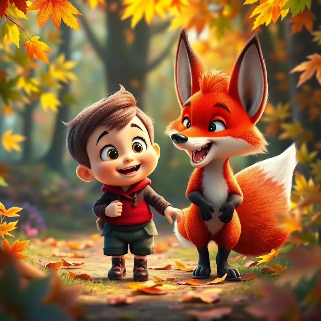 Tom Thumb, a tiny boy with bright eyes, walking alongside a clever fox, in a vibrant forest filled with colorful leaves, sharing laughter and ideas, cheerful and adventurous, digital art, high quality