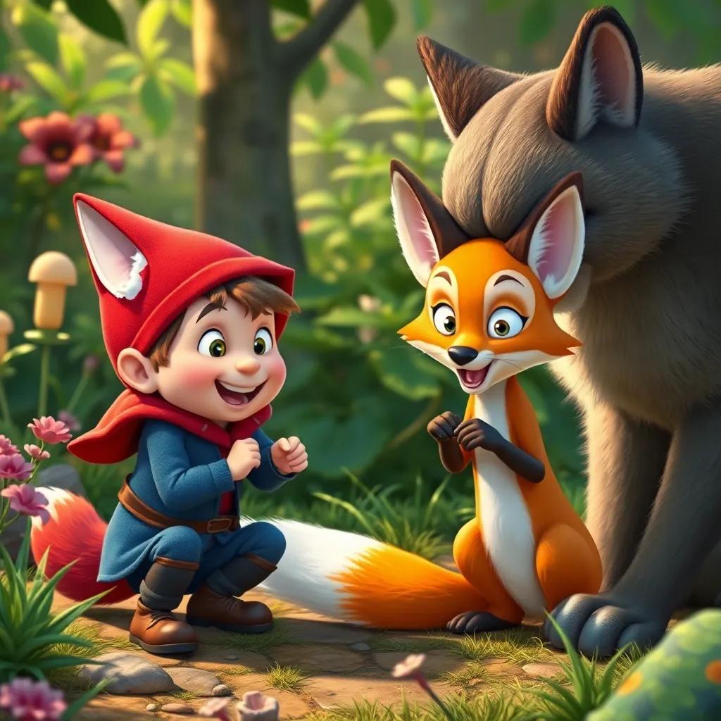 Tom Thumb and a sly fox, crafting a clever plan to outsmart a large cat, with stealth and excitement in their expressions, in a detailed garden scene, child-friendly, whimsical, high quality