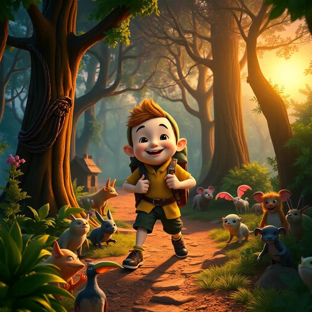 Tom Thumb, confidently hiking through a magical forest filled with creatures, showing his courage, sunset casting a golden glow, adventurous spirit, fantastical style, high quality