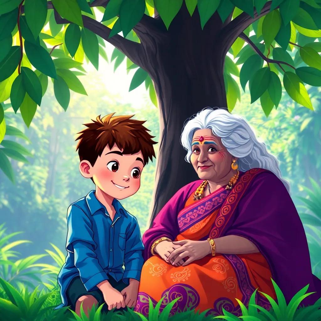 A young boy named Ben, with short brown hair and a blue shirt, sitting under a large green tree with his wise grandmother Neela, an older woman with silver hair wearing a colorful traditional dress, a sunny jungle background, bright, cheerful atmosphere, digital art, vibrant colors, heartwarming scene