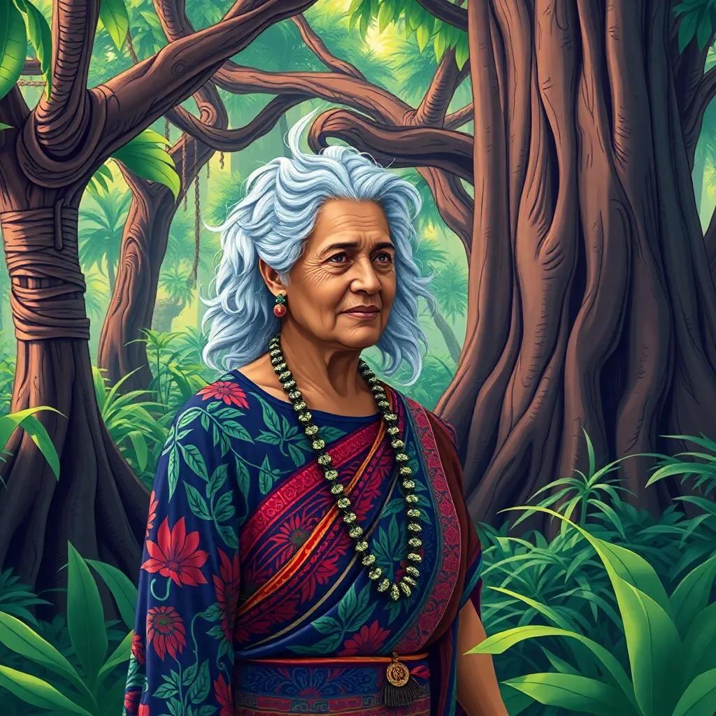 Neela, an older woman with silver hair in a colorful traditional dress, recounts the story of their ancestors standing tall in the jungle, with lush greenery and ancient trees, detailed illustration, filled with life, engaging expression