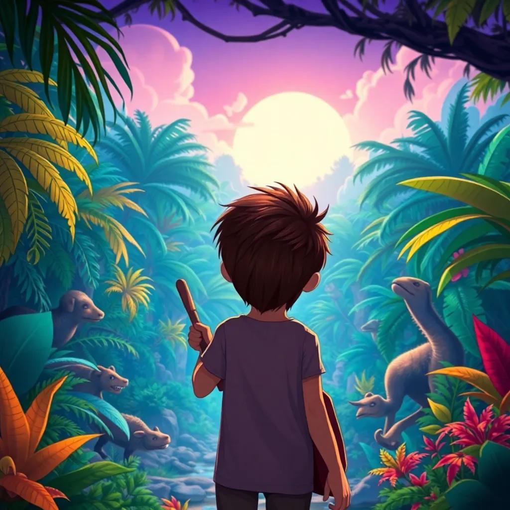 Ben, a young boy with short brown hair, imagining his ancestors walking through the jungle with tools in hand, surrounded by vivid plant life and animals, vibrant colors, whimsical perspective, adventurous scene