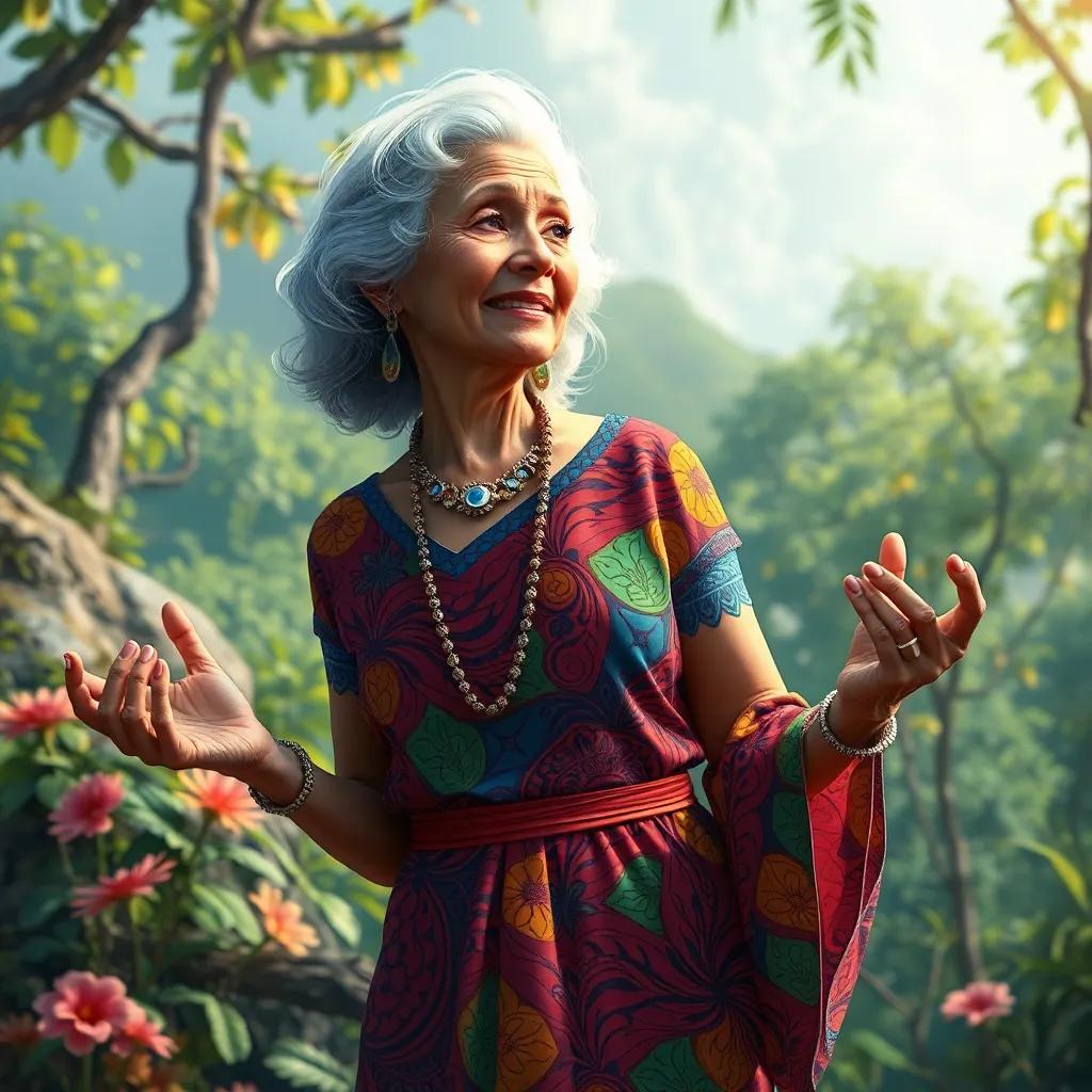 Neela, an older woman with silver hair in a colorful dress, explaining the complexity of bipedalism while carefully demonstrating human posture, surrounded by nature, informative and heartwarming, detailed art