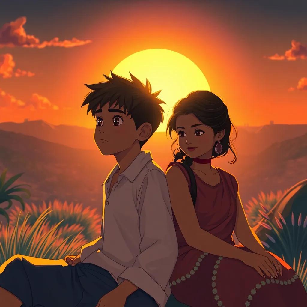 Ben, a young boy with a thoughtful expression while rubbing his back, sitting beside Neela, with the sun setting behind them creating a warm glow, imaginative storytelling atmosphere, expressive art