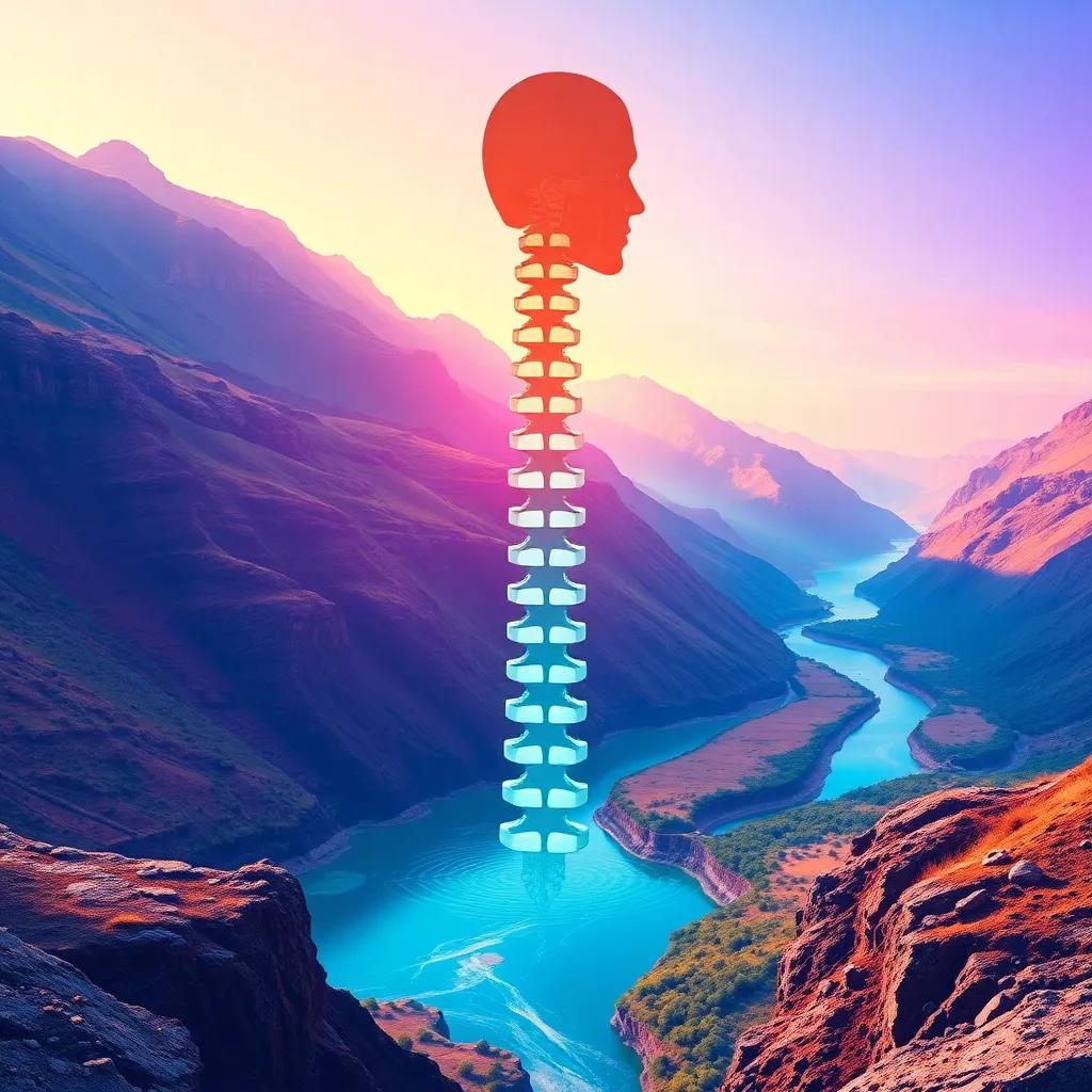 An image of the human spine, illustrated with a river winding through a beautiful valley, symbolizing balance and posture, vibrant colors, educational and engaging, artistic representation
