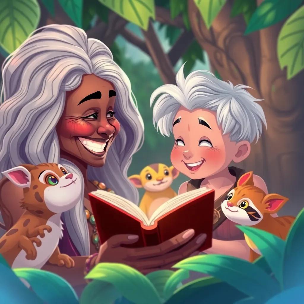 Neela, a wise older woman with silver hair, sharing stories with a bright smile as Ben listens intently with excitement, surrounded by curious jungle animals, heartwarming and cheerful scene, detailed art