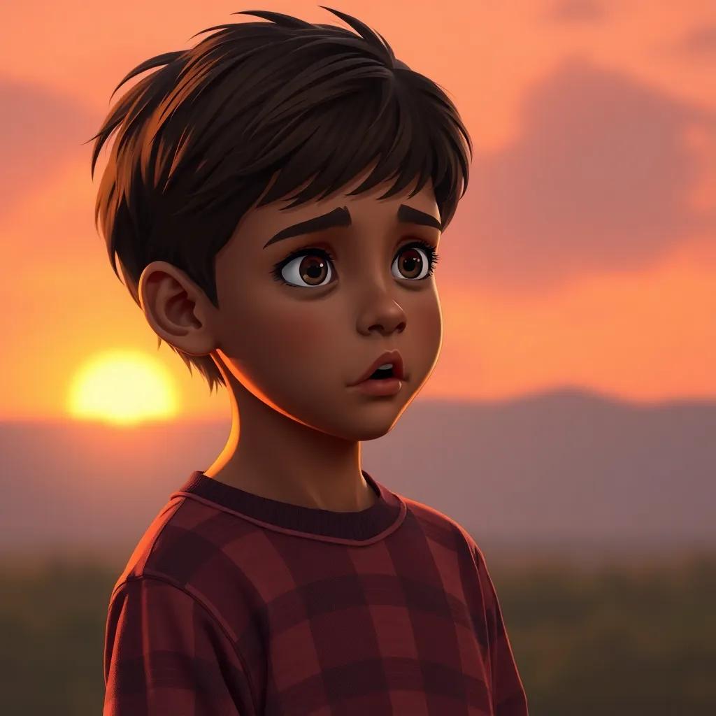 Ben, a young boy with brown hair looking astonished as Neela explains childbirth challenges, with a warm sunset glow filling the background, enriching atmosphere of storytelling, gentle and expressive art