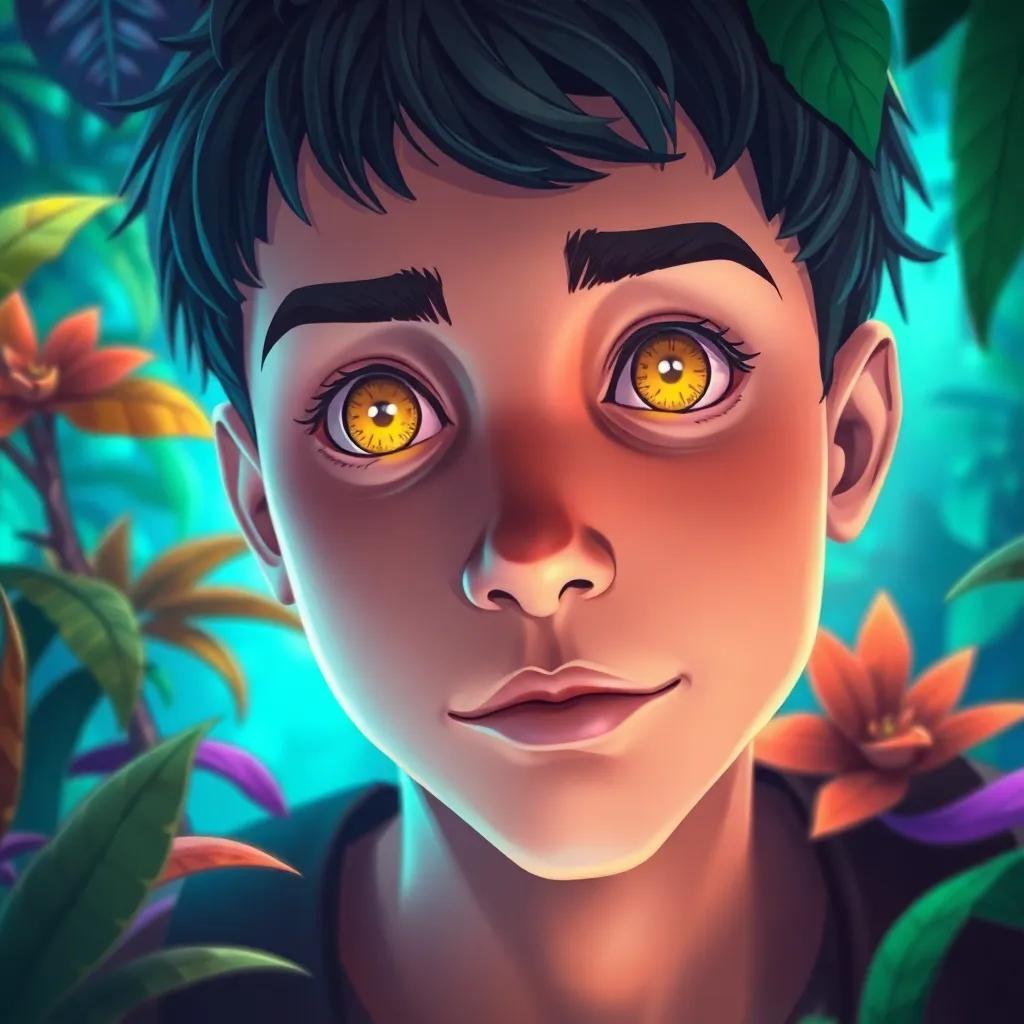 A close-up of Ben with bright eyes, imagining brave ancestors exploring the jungle, vibrant plants surrounding him, awe-inspired expression, whimsical and engaging art