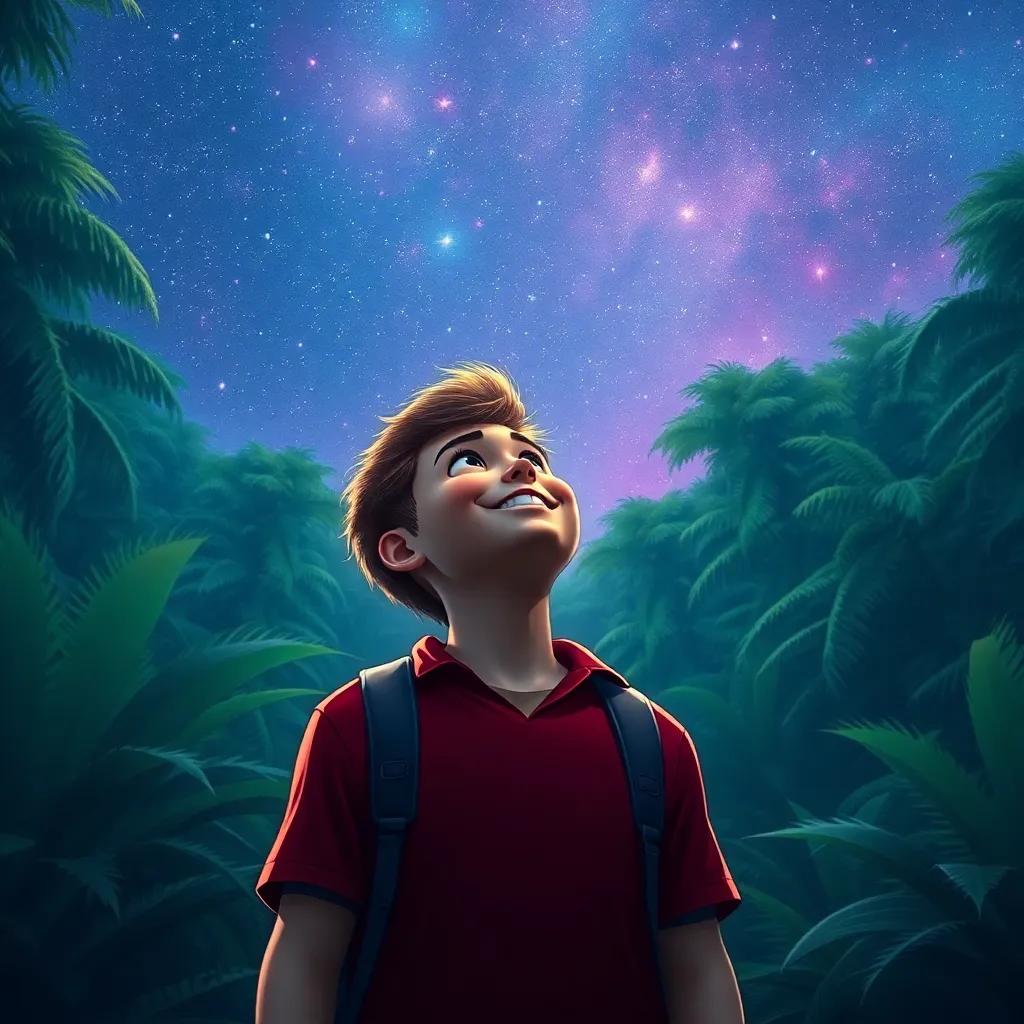 Ben looking up at the starlit sky with a smile, feeling proud of his bipedal journey, surrounded by a lush jungle, stars twinkling above, enchanting and peaceful atmosphere, dreamy digital art