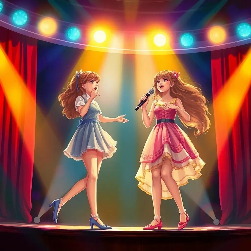 A stage at the talent show, bright lights shining on two girls, Mia and Zoe, when Zoe is dancing gracefully and Mia is singing with joy, detailed digital art, colorful, lively energy, high quality