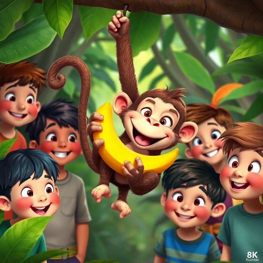 A cheerful monkey named Max, hanging by his long, curly tail from a green branch, peeling a bright yellow banana, surrounded by curious children aged 3 to 6, smiling and watching in awe, vibrant jungle background, digital art, colorful, playful atmosphere, high quality