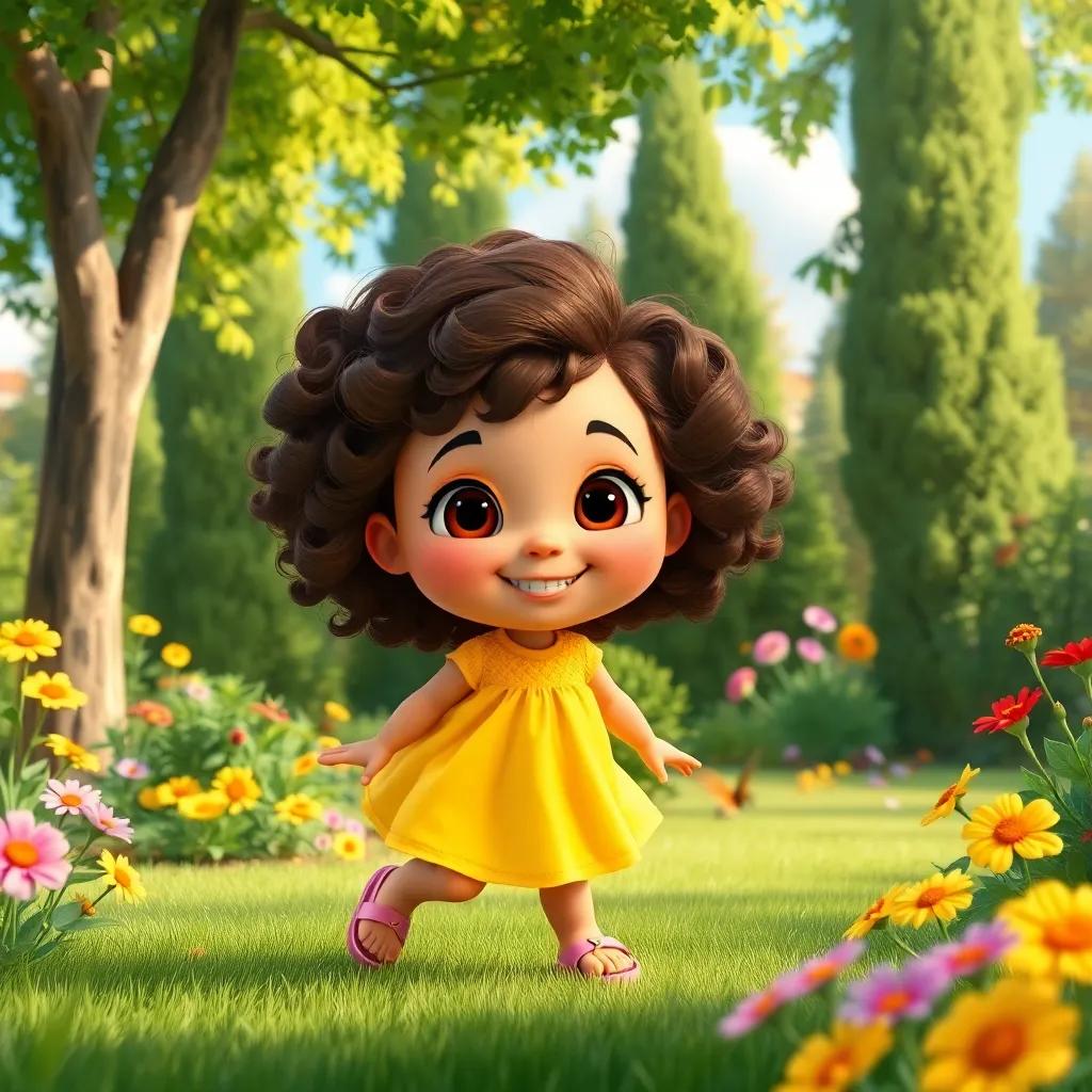 A little girl, Mia, with curly brown hair, wearing a bright yellow dress and pink sandals, playing in her sunny backyard surrounded by tall green trees and colorful flowers, cheerful atmosphere, children-friendly, digital art