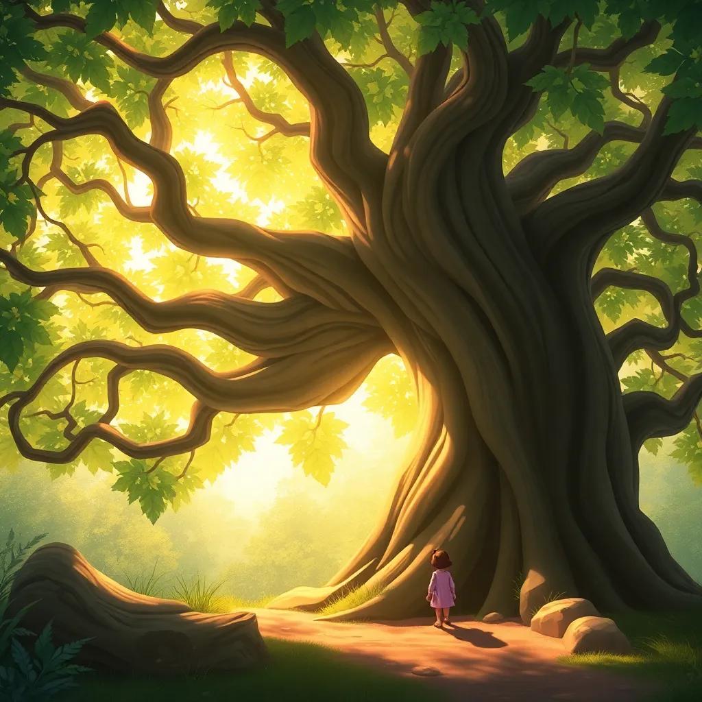 An ancient oak tree with a large, welcoming trunk and leafy branches, smiling down at Mia, with soft golden light filtering through the leaves, enchanting feel, child-friendly illustration