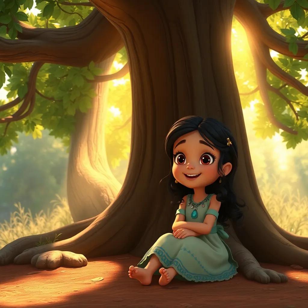 Mia, sitting at the base of the oak tree, with sparkling eyes and a big smile, as the tree shares stories, the sun casting warm light on them, heartwarming scene