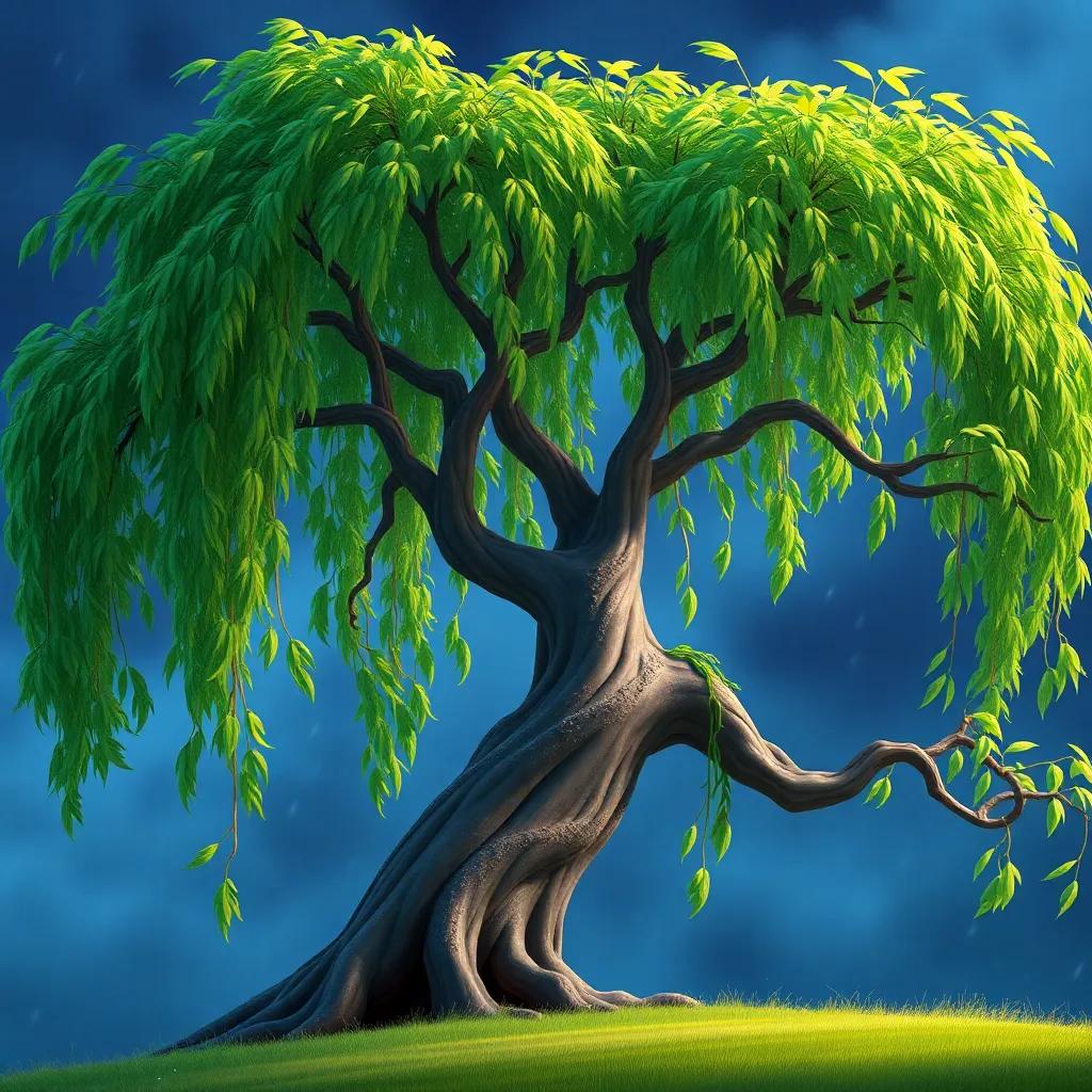 A graceful willow tree with long, flowing branches and green leaves, animatedly sharing moments of a stormy night, vibrant colors, storytelling imagery