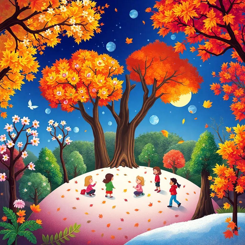 A collage of seasons around the trees, flowers blooming in spring, children playing, leaves falling in autumn, and snow covering the ground in winter, colorful and joyful, inviting illustration