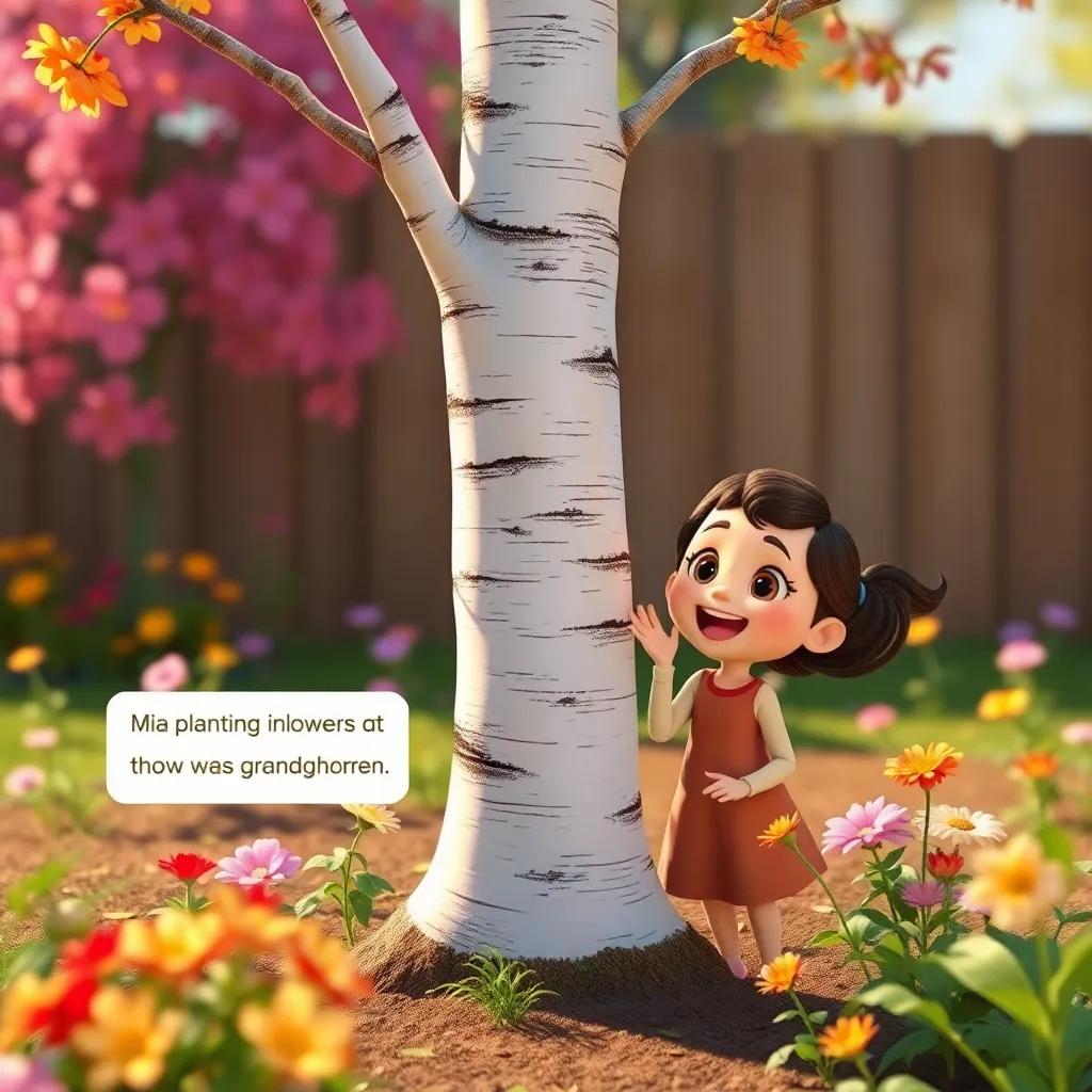 A young birch tree with fresh white bark, excitedly talking about Mia planting flowers with her grandmother, with plants and colorful blooms around, child-friendly atmosphere