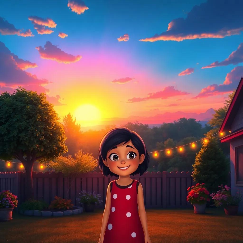 A beautiful sunset illuminating the trees and the backyard, Mia saying goodbye with a smile, magical colors filling the sky, warm and heart-touching scene