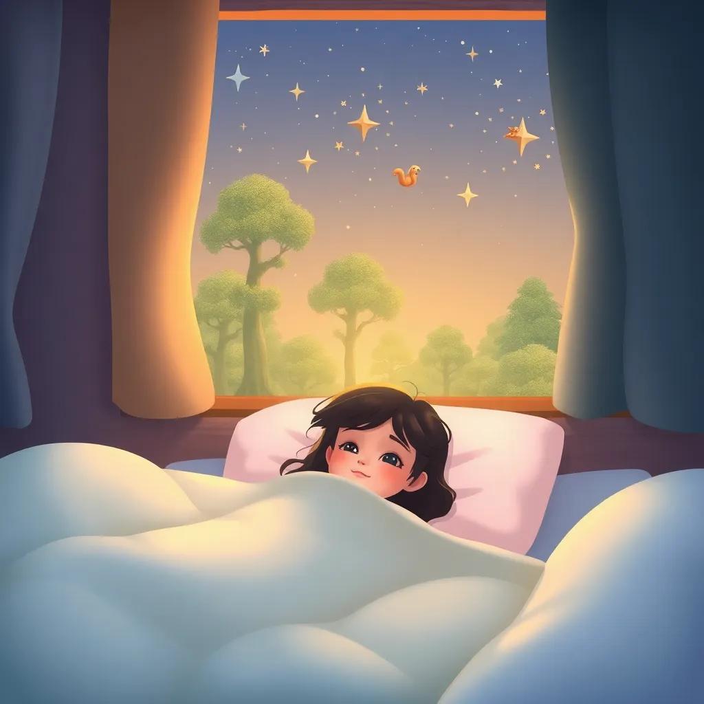 Mia in her cozy bed, dreaming of the trees, with twinkling stars outside her window and images of dancing trees and playful squirrels in her thoughts, soft colors, dreamlike quality
