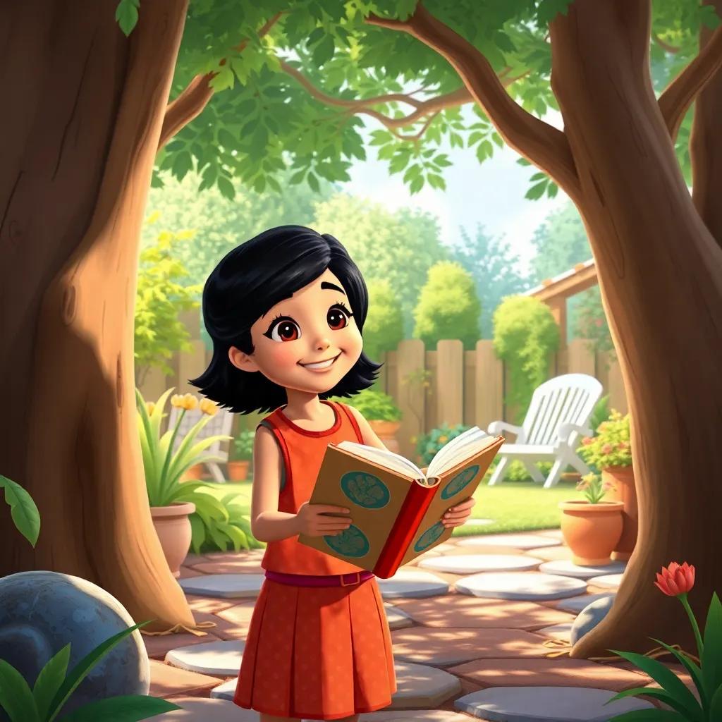 Mia visiting the trees again, with a big book in her hands, excited to share her own stories, bright and cheerful backyard setting, inviting atmosphere