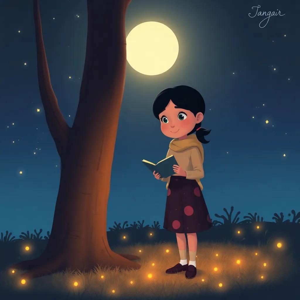 Illustration of the trees and Mia standing together in the moonlight, surrounded by a glow, sharing stories every night, magical atmosphere, comforting and warm