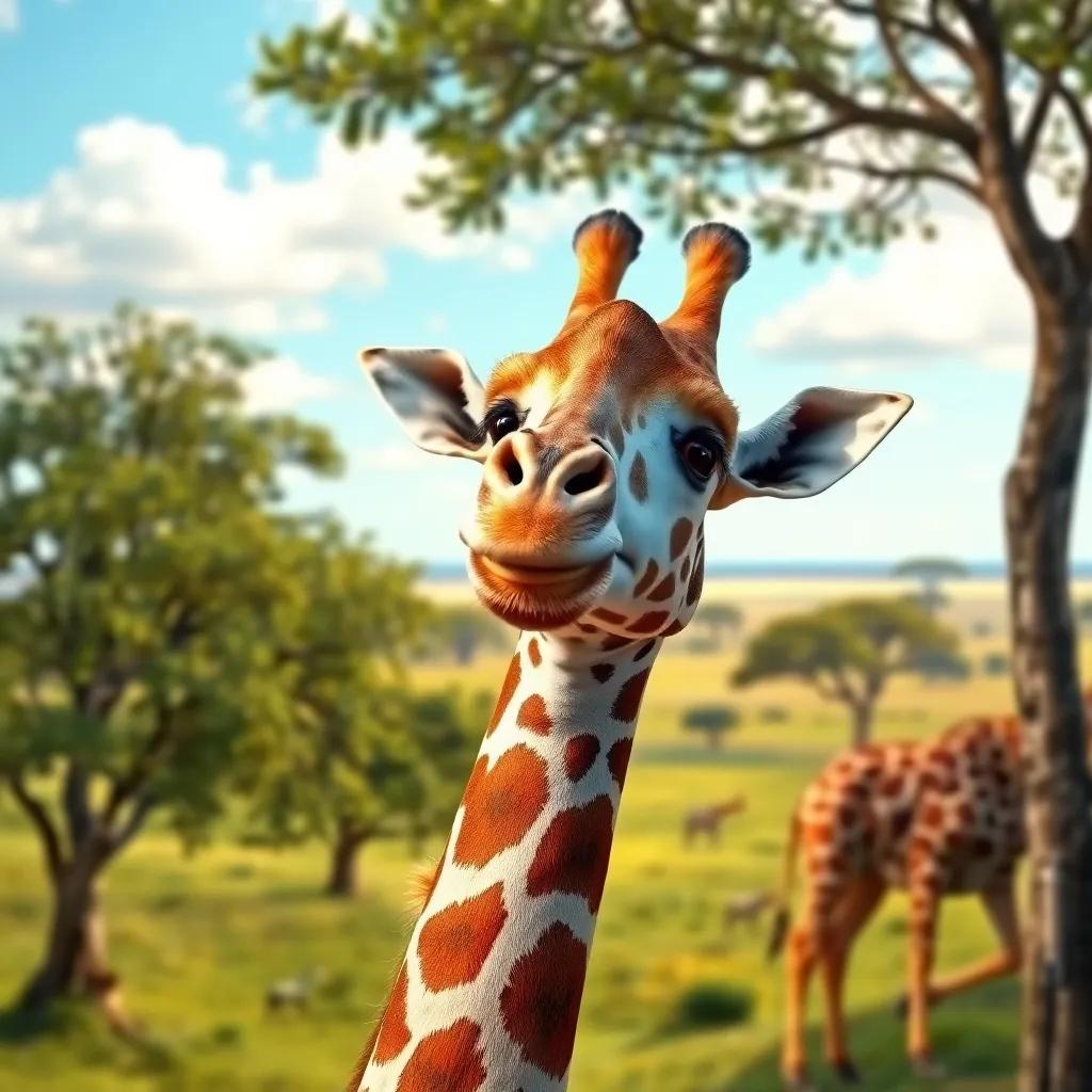 A tall giraffe, Gina, with a bright smile and long neck, looking out over the savanna with trees and green grass, cheerful atmosphere, digital art, colorful, happy scene