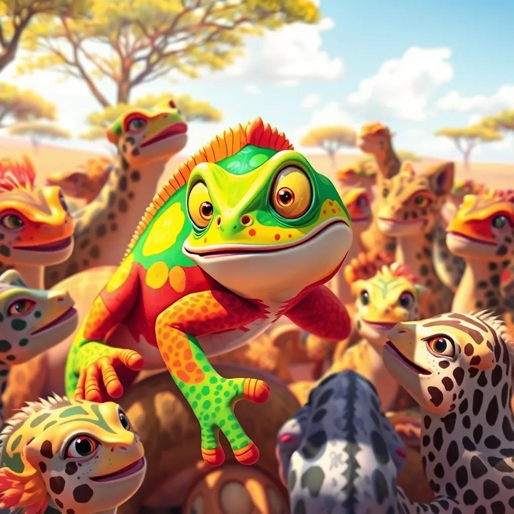A happy chameleon, Charlie, changing colors with vibrant patches surrounded by friends, in a sunny savanna, playfully smiling, illustration, bright colors, joyful gathering