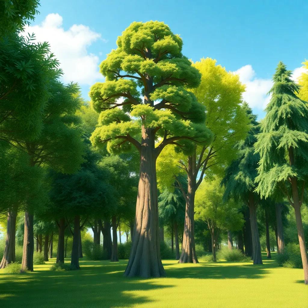 A sunny forest with various trees of different heights, with a particularly tall tree standing out among them, bright and cheerful, digital art, vibrant colors, inviting atmosphere, high quality