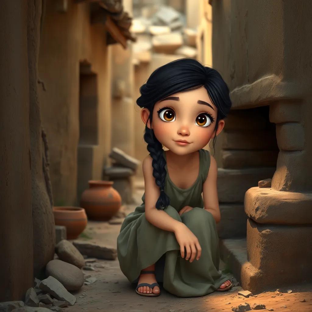 A twelve-year-old girl, Layan, with dark hair tied in a braid, wearing a simple dress, crouched by a clay oven in a rubble-strewn alley, warm light, soft colors, comforting atmosphere, high quality
