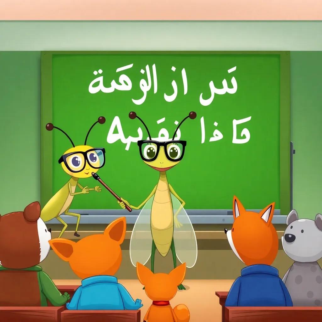 A cute cartoon mosquito wearing small glasses and holding a teaching stick stands in front of a green chalkboard displaying Arabic letters. A group of cartoon animals, like a little fox, sits attentively in a fun classroom setting, cheerful colors, digital art, inviting atmosphere.
