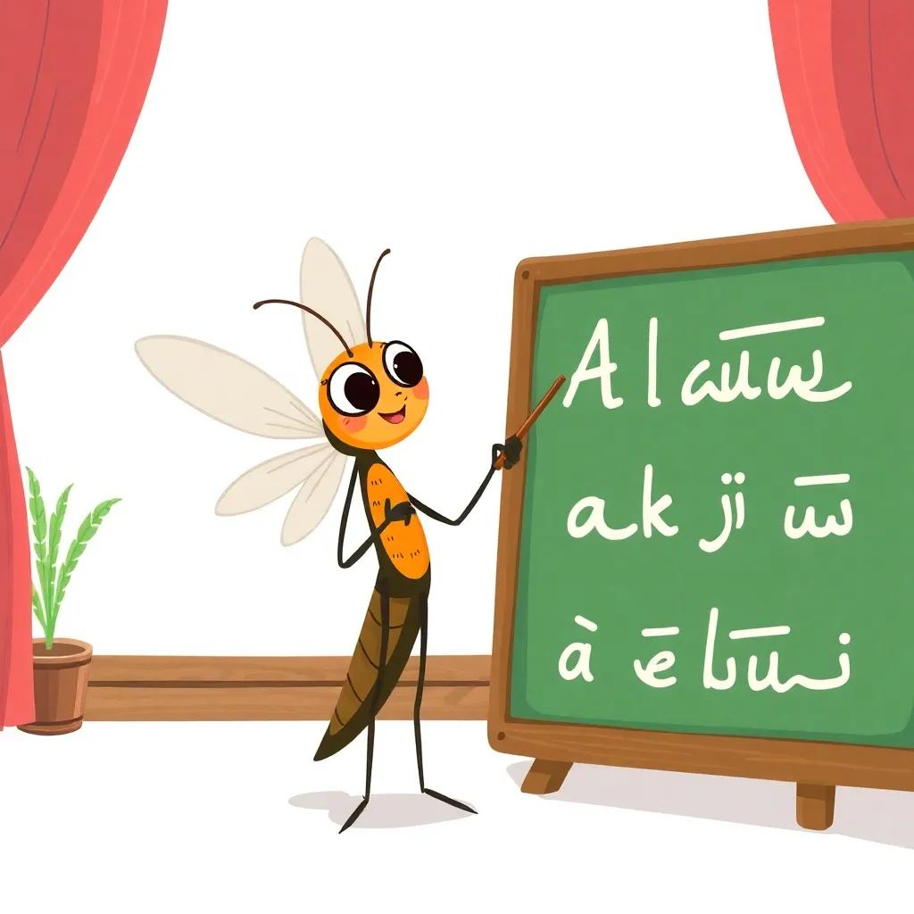 The mosquito flaps its wings slightly and waves its stick, while the Arabic letters on the board respond to her teaching, delightful action, animated style.