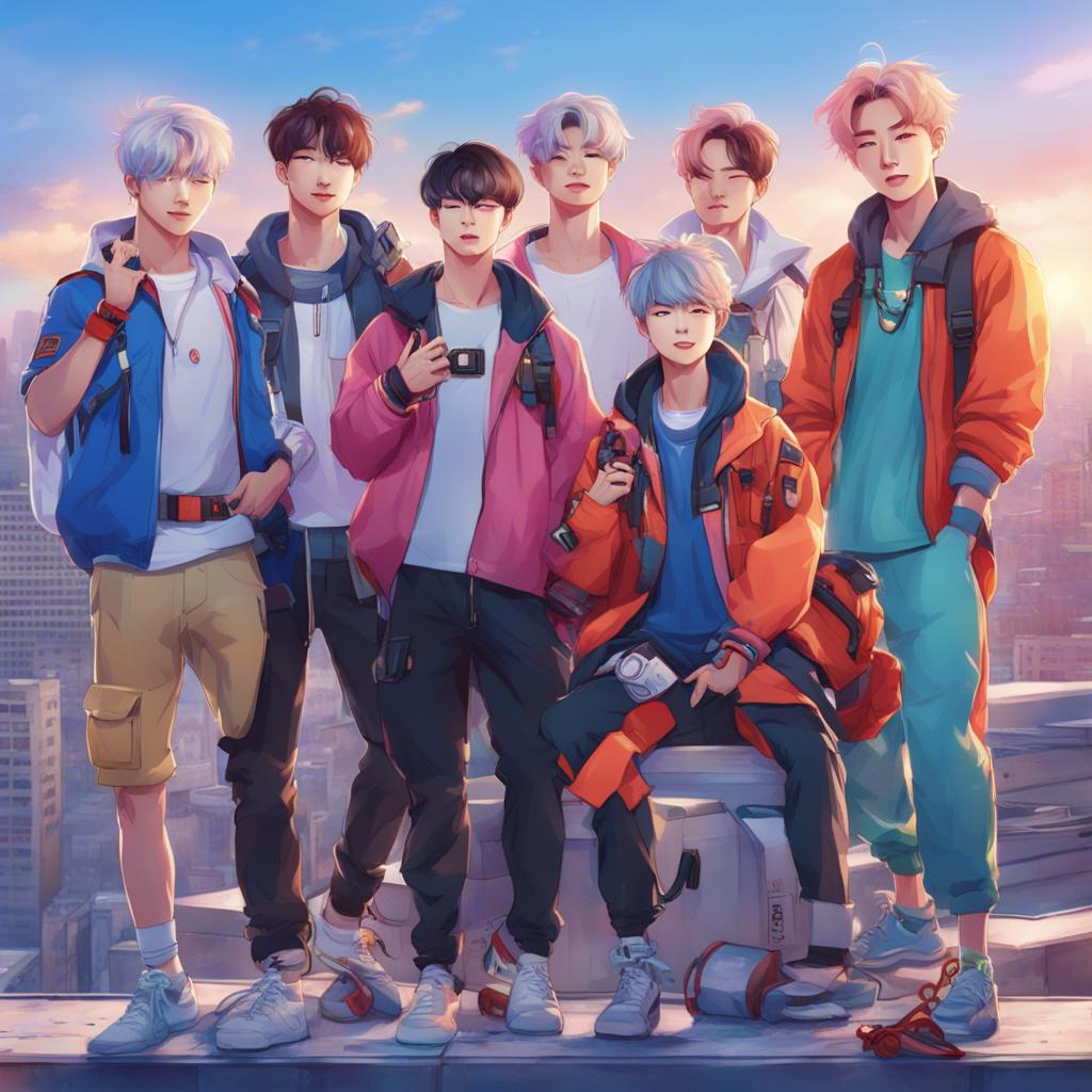 A colorful cartoon hero team standing together on a rooftop, showcasing five members with distinct costumes: Yoongi as a tech genius with gadgets, Seokjin smiling in transport gear, Jimin with a small backpack for errands, Taehyung looking cheerful, and Jungkook ready for action, city backdrop, vibrant colors, cheerful and whimsical art style