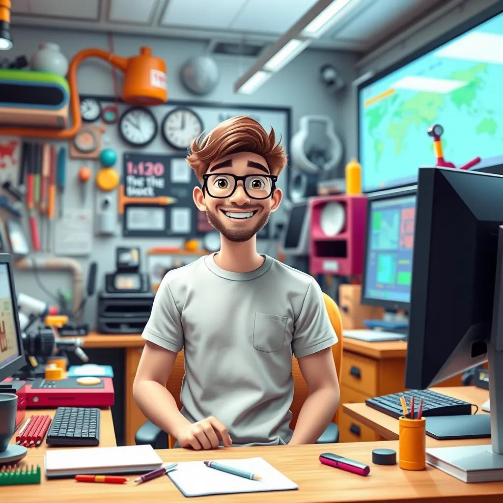 A busy office with colorful gadgets, tools, and a big computer screen, showcasing a cheerful man named Sam, looks tech-savvy, wearing a casual t-shirt and glasses, digital art, vibrant colors, inviting atmosphere, high quality