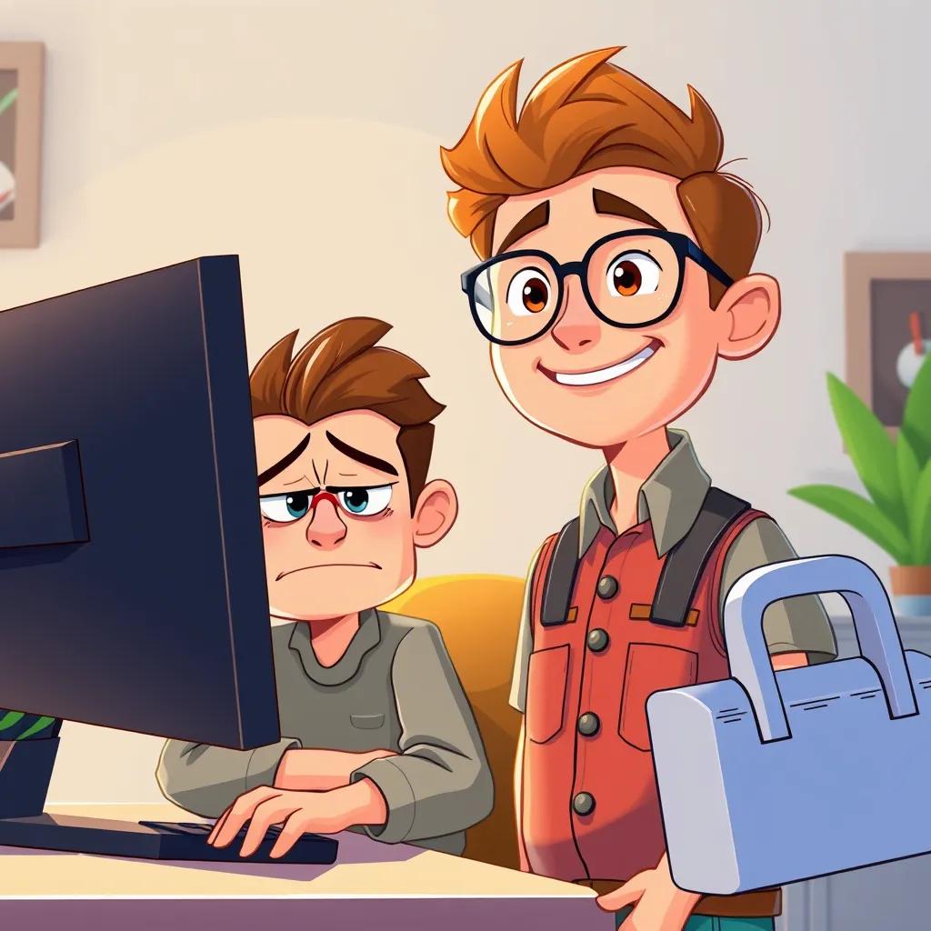 A worried customer with a frowning face, sitting in front of a dark computer screen, while Sam, a cheerful young man with glasses and a toolbox, smiles as he approaches, illustration, friendly environment, engaging, child-friendly