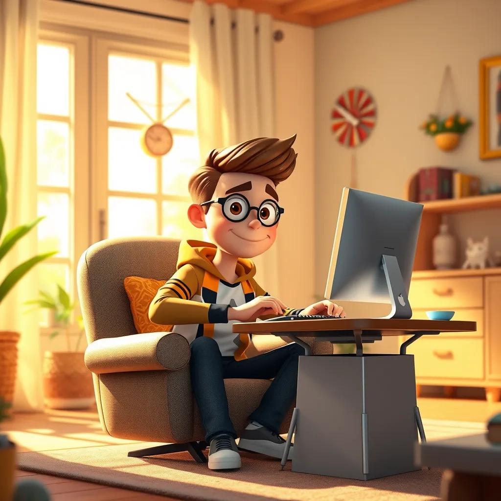 Sam, the tech hero, working with a focused expression, opening a computer while sitting on a cozy chair in a living room, surrounded by bright sunshine and cheerful decorations, digital art, warm light, homely atmosphere, high quality