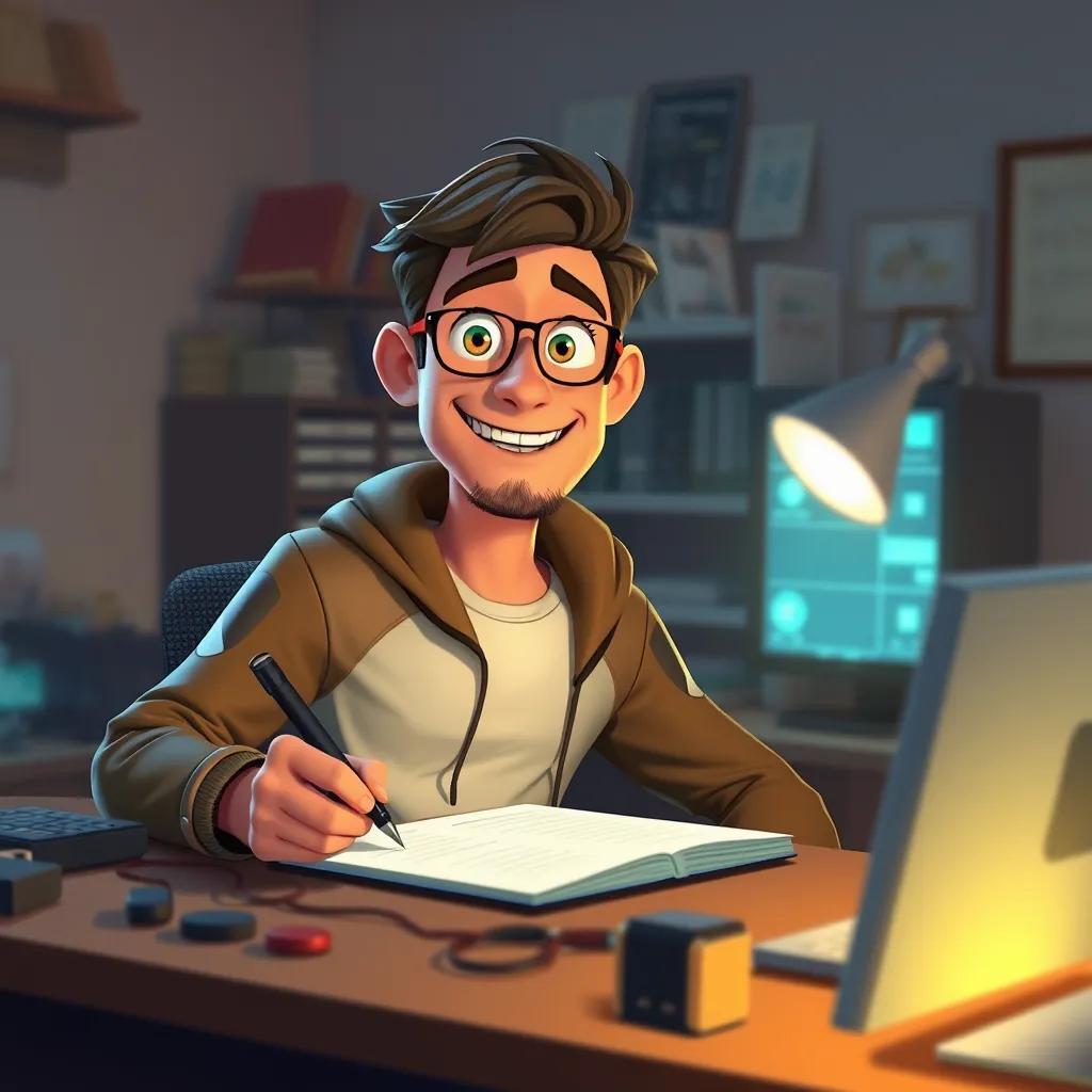 Sam, the tech hero, writing down problems solved in his office while looking proud and happy, surrounded by gadgets and a glowing computer, warm light, cozy atmosphere, digital art, inviting and uplifting